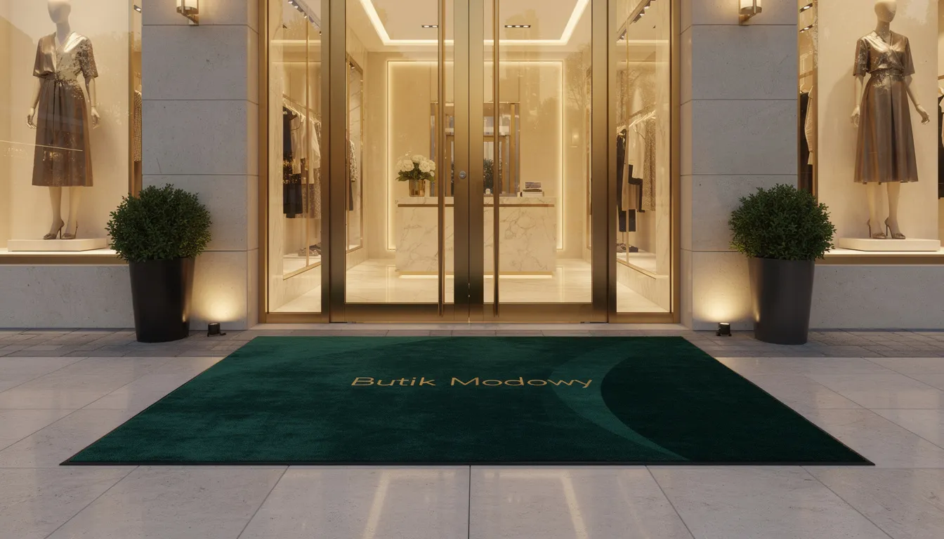 Na luksusowym wejściu do butiku modowego znajduje się elegancka mata welurowa, która zapewnia komfort i estetykę wnętrza, a jednocześnie chroni podłogę przed zabrudzeniami. Mata ta, wykonana z wysokiej jakości materiałów, idealnie wpisuje się w elegancki charakter miejsca, a jej antypoślizgowa powierzchnia zwiększa bezpieczeństwo klientów.