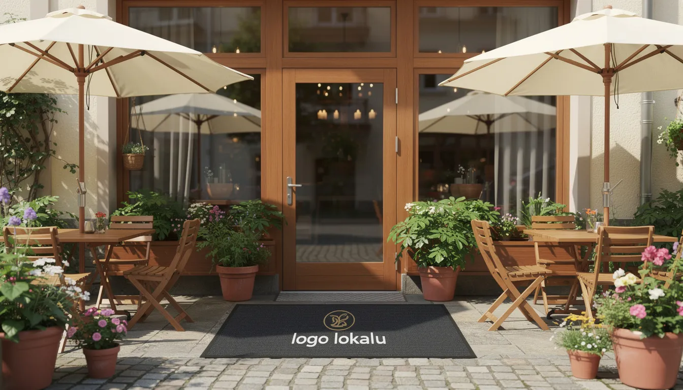 Na zdjęciu znajduje się wejście do restauracji, które prowadzi do ogródka letniego. Przed drzwiami leży mata podłogowa z logo lokalu, zapewniająca antypoślizgową powierzchnię i komfort dla gości.