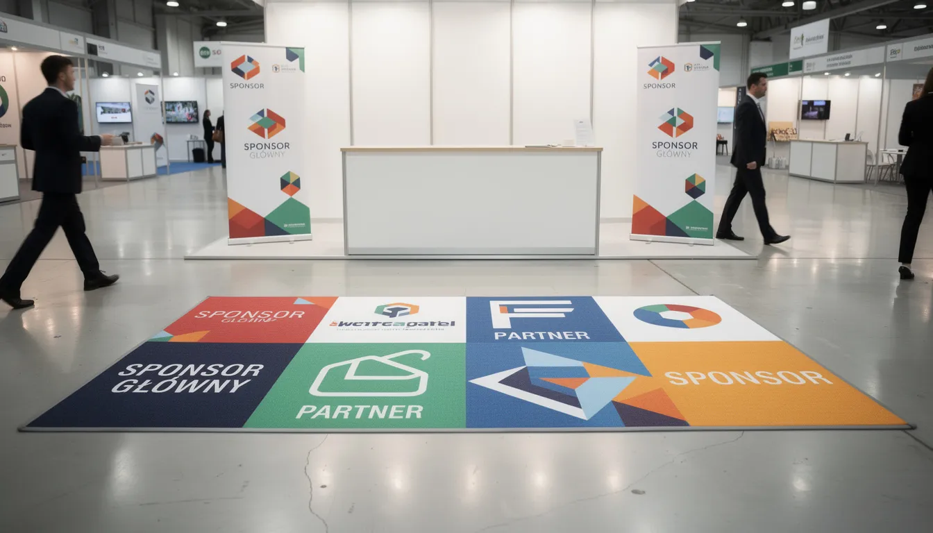 Na stoisku targowym znajdują się maty podłogowe z nadrukiem, prezentujące logo sponsorów, które zapewniają antystatyczną i antypoślizgową powierzchnię. Maty te są idealnym rozwiązaniem do miejsc o dużym natężeniu ruchu, oferując funkcjonalność oraz komfort użytkowania.